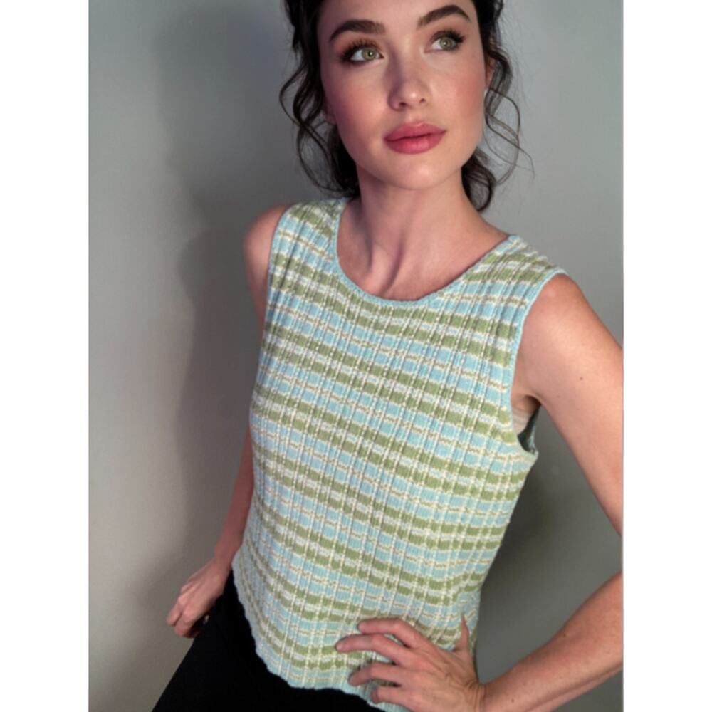 Jones New York Plaid Country Club Golf Tennis Blue Green Tank Sweater  ~ Sz L